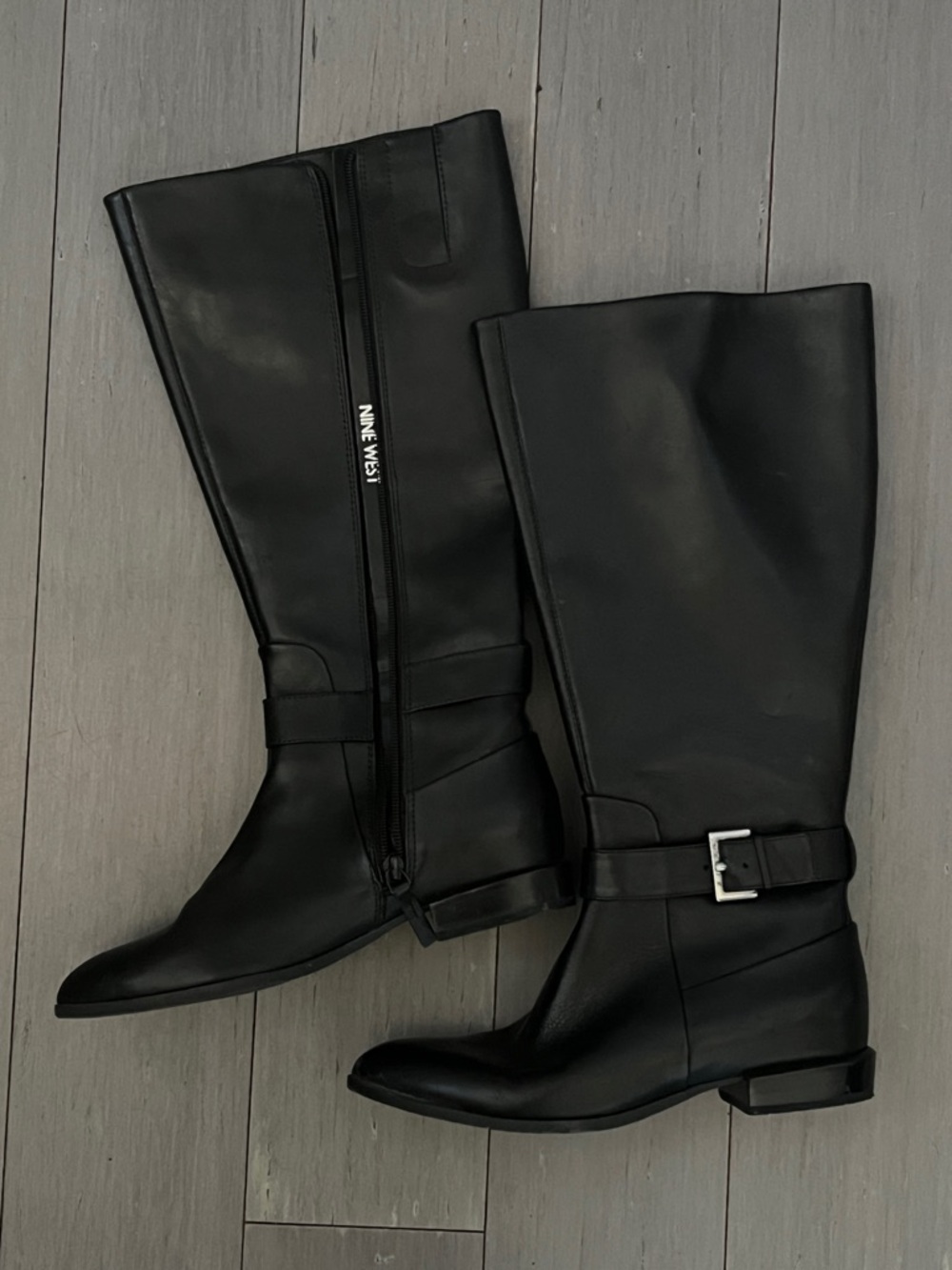 Nine West Black Tall Leather Riding Boots with Buckle